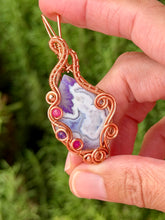 Load image into Gallery viewer, Artisan cab (positive rock) purple aurora opal/plume agate doublet with pink jade + amethyst + copper gem accents wire wrapped pendant necklace
