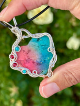 Load image into Gallery viewer, ARTISAN STONE (Ibrahim Opic) rainbow solar agate (dyed color) with turquoise + raspberry jade gem accents wire wrapped pendant necklace
