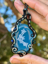 Load image into Gallery viewer, Artisan cab (Marina rabinskaya) blue onyx bat with lapis lazuli + onyx gem accents wire wrapped pendant necklace
