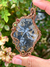 Load image into Gallery viewer, RESERVED FOR CHERI F Dendritic agate (etching by Marina Rabinskaya) with turquoise and garnet gem inclusions wire wrapped pendant talisman necklace
