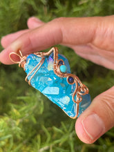 Load image into Gallery viewer, Aqua aura quartz cluster with lapis lazuli + magnesite gem accents wire wrapped pendant necklace
