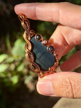 Load image into Gallery viewer, Blue tiger eye with sapphire + hematite gem accents wire wrapped pendant necklace
