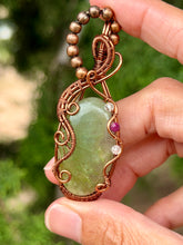 Load image into Gallery viewer, Aquamarine with white topaz + ruby gem accents wire wrapped pendant necklace
