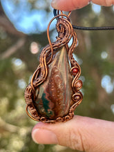 Load image into Gallery viewer, ARTISAN STONE (sunset lapidary) Idaho Sunset Seam Agate with Mookaite + carnelian gem accents wire wrapped pendant necklace
