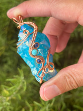 Load image into Gallery viewer, Aqua aura quartz cluster with lapis lazuli + magnesite gem accents wire wrapped pendant necklace
