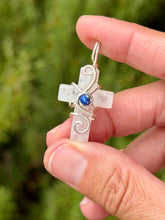 Load image into Gallery viewer, Quartz cross with lapis lazuli gem accent wire wrapped pendant necklace
