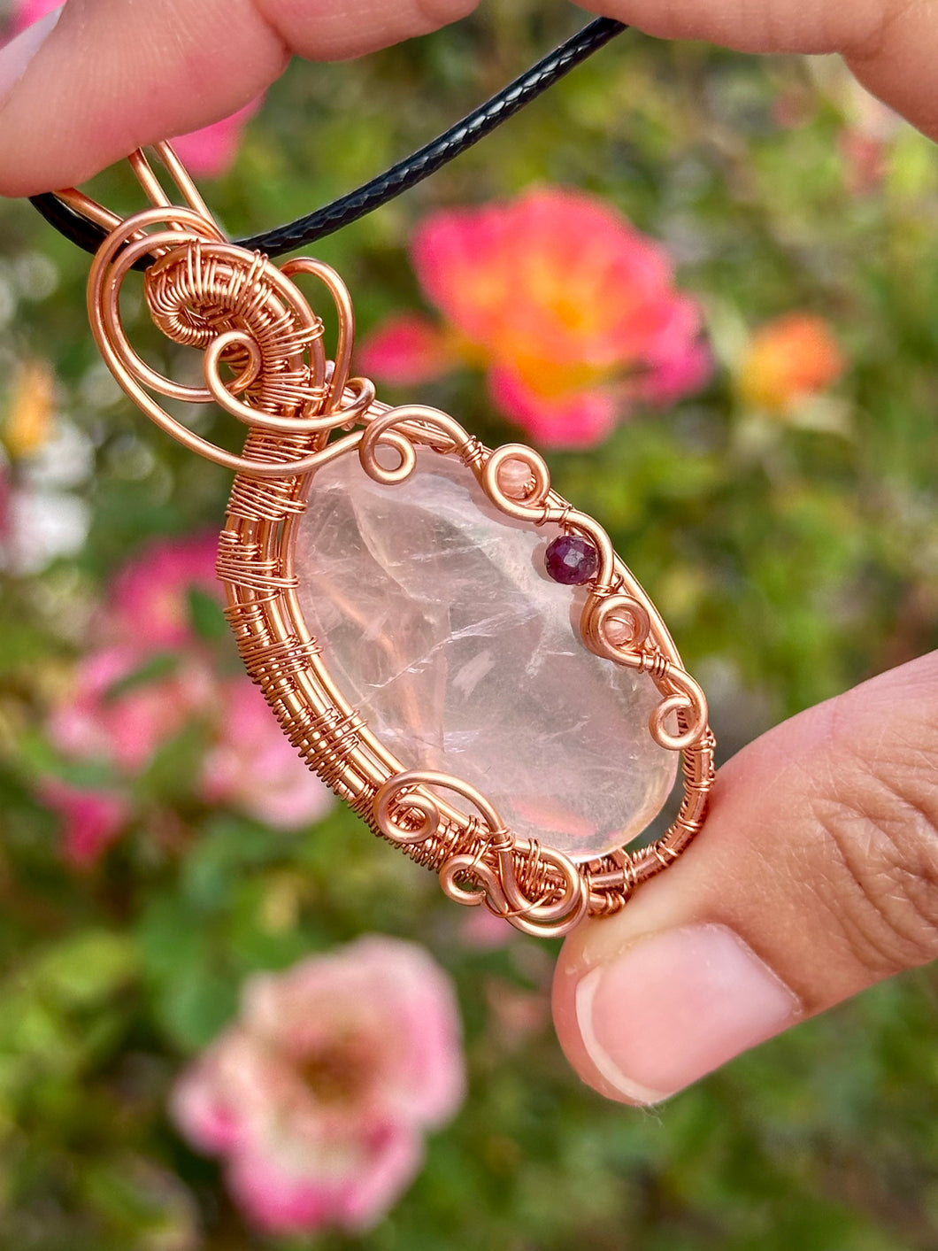 Rose quartz with rhodochrosite + ruby gem accents wire wrapped pendant necklace