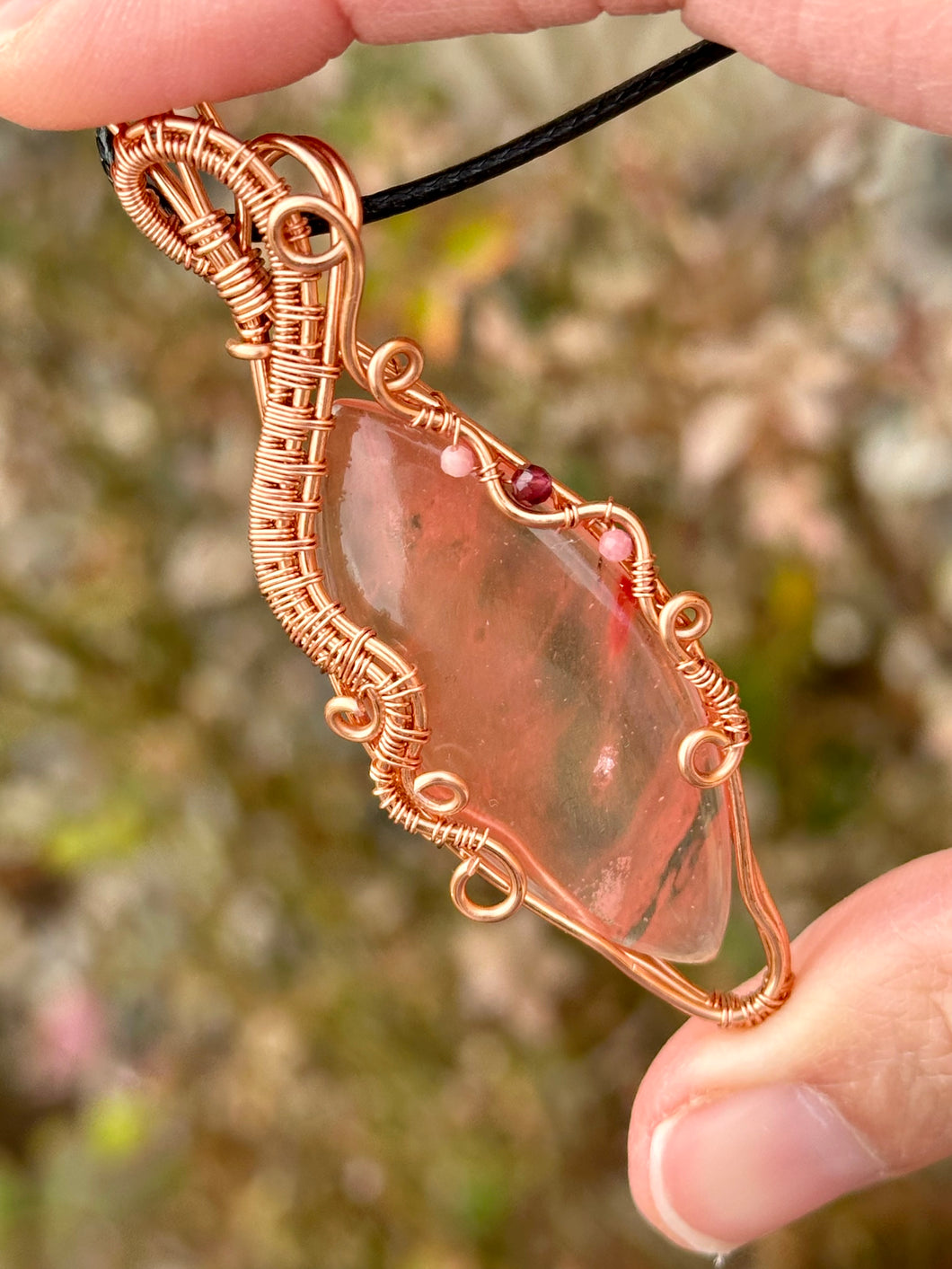 Cherry quartz with Rhodonite + garnet inclusions Wire wrapped pendant