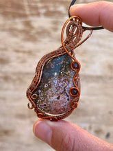 Load image into Gallery viewer, DUO TONED WIRE + DESIGNER CAB ocean jasper with garnet + carnelian inclusions  Wire wrapped pendant
