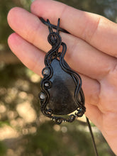 Load image into Gallery viewer, Hypersthene with labradorite + onyx gem accents wire wrapped pendant necklace
