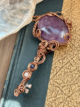 Load image into Gallery viewer, Reserved for Meredith T Trapiche amethyst with lapis lazuli + moonstone inclusions key  Wire wrapped pendant
