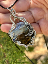 Load image into Gallery viewer, ARTISAN CAB (positive rocks) Common Blue Scenic Opal with Angelite and lapis lazuli inclusions wire wrapped pendant talisman necklace
