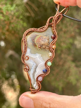 Load image into Gallery viewer, Artisan cab (positive rocks) Indonesian Moss agate with White tube agate + chakra gem accents wire wrapped pendant necklace
