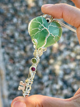 Load image into Gallery viewer, Green aventurine heart with ruby in zoisite inclusions skeleton key wire wrapped pendant talisman necklace
