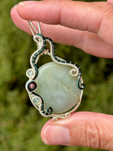 Load image into Gallery viewer, Aquamarine with blue kyanite + rhodonite gem accents wire wrapped pendant necklace
