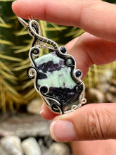 Load image into Gallery viewer, Artisan cab (johari gems) kammererite with blue goldstone + labradorite gem accents wire wrapped pendant necklace
