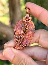 Load image into Gallery viewer, Leopard skin jasper leaf with carnelian gem accent wire wrapped pendant necklace
