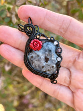 Load image into Gallery viewer, Larvikite with labradorite + strawberry quartz gem accents wire wrapped pendant necklace
