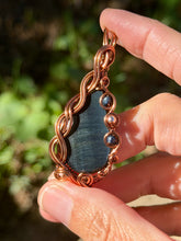 Load image into Gallery viewer, Blue tiger eye with sapphire + hematite gem accents wire wrapped pendant necklace
