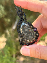 Load image into Gallery viewer, Artisan cab (johari gems) marcasite with pyrite + amethyst gem accent wire wrapped pendant necklace
