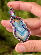 Load image into Gallery viewer, Artisan cab (positive rocks) Aurora Opal/Plume Agate with moonstone, turquoise, raspberry jade gem accents wire wrapped pendant necklace
