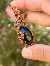 Load image into Gallery viewer, Blue Tiger eye with charoite  gem accents wire wrapped pendant necklace
