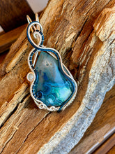 Load image into Gallery viewer, Artisan stone (positive rocks) blue crazy lace agate with aquamarine gem accent wire wrapped pendant necklace
