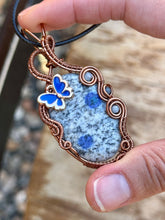 Load image into Gallery viewer, K2 azurite in granite with aquamarine + sapphire inclusions Wire wrapped pendant
