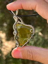 Load image into Gallery viewer, Artisan cab (johari gems) green opal with rutile quartz + peridot gem accents wire wrapped pendant necklace
