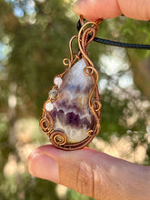 Load image into Gallery viewer, ARTISAN CAB (Flintstone studio) Chevron Dream Amethyst with moonstone + Iolite inclusions wire wrapped pendant talisman necklace
