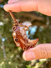 Load image into Gallery viewer, Artisan cab (positive rocks) Carnelian Crescent moon with citrine + garnet gem accents wire wrapped pendant necklace

