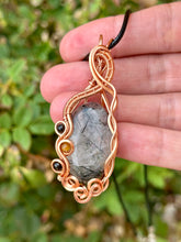 Load image into Gallery viewer, black tourmalinated quartz with tourmaline + carnelian inclusions wire wrapped pendant talisman necklace
