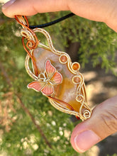 Load image into Gallery viewer, ARTISAN cab (positive rocks) Orange tube agate with carnelian and sunstone inclusions wire wrapped pendant talisman necklace
