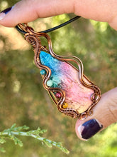 Load image into Gallery viewer, ARTISAN STONE (adit stones) rainbow (enhanced) fossilized palm root with blue apatite, green aventurine, raspberry jade, yellow Mookaite gem accents wire wrapped pendant necklace
