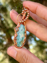 Load image into Gallery viewer, Larimar with rhodonite + aquamarine gem accent wire wrapped pendant necklace
