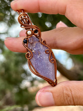 Load image into Gallery viewer, Artisan cab (positive rock) grape agate with pearl +  blue goldstone gem accents wire wrapped pendant necklace
