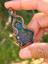 Load image into Gallery viewer, Artisan cab (johari gems) half polished azurite/malachite with sodalite + green mica gem accents wire wrapped  pendant necklace
