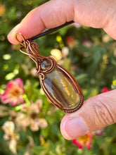 Load image into Gallery viewer, Yellow/Purple Fluorite with smoky quartz inclusion wire wrapped pendant necklace
