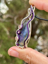 Load image into Gallery viewer, Reserved for Cassandra h DUO TONED WIRE Spectrolite Labradorite with strawberry quartz + phosphosiderite inclusions  wire wrapped pendant
