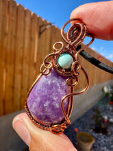 Load image into Gallery viewer, Reserved for Rene Lepidolite with Sky Turquoise Gem Inclusions Wire Wrapped Pendent Necklace
