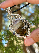 Load image into Gallery viewer, ARTISAN CAB (positive rocks) Common Blue Scenic Opal with Angelite and lapis lazuli inclusions wire wrapped pendant talisman necklace
