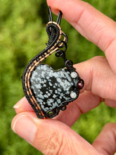 Load image into Gallery viewer, Snowflake obsidian with moonstone + garnet gem accents wire wrapped pendant necklace
