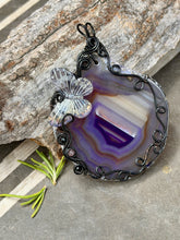 Load image into Gallery viewer, Purple agate with onyx + strawberry quartz gem accent wire wrapped pendant
