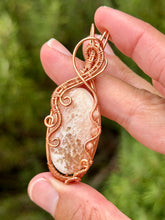 Load image into Gallery viewer, Pink scolecite with peach moonstone + rose quartz gem accents wire wrapped pendant necklace
