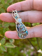 Load image into Gallery viewer, Abalone with aquamarine + blue apatite gem accents wire wrapped pendant necklace

