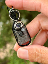 Load image into Gallery viewer, Black sunstone with charoite gem accent wire wrapped pendant necklace

