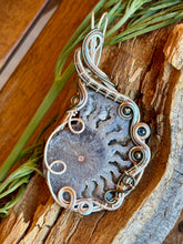 Load image into Gallery viewer, Ammonite with pyrite + sapphire gem accents wire wrapped pendant necklace

