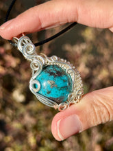 Load image into Gallery viewer, Persian Turquoise with pyrite Wire wrapped pendant
