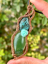 Load image into Gallery viewer, Tibetan Turquoise + Serpentine Double Decker Wire wrapped pendent necklace
