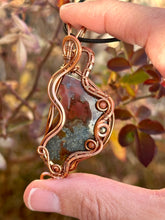 Load image into Gallery viewer, Reserved for Kylie n DESIGNER CAB + DUO TONED WIRE marcasite in agate with goldstone + pyrite inclusions Wire wrapped pendant
